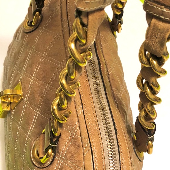 Marc Jacobs Tan Quilted Leather Tote Shoulder Bag Purse Gold Chain